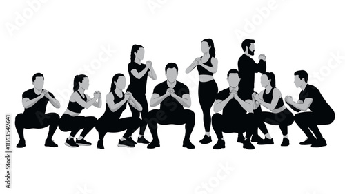A diverse group of men and women performing squats in unison, showcasing a fitness class or workout session.