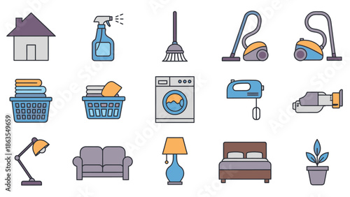 Flat design vector icon set of household items, cleaning supplies, domestic appliances, and home furniture for daily life
