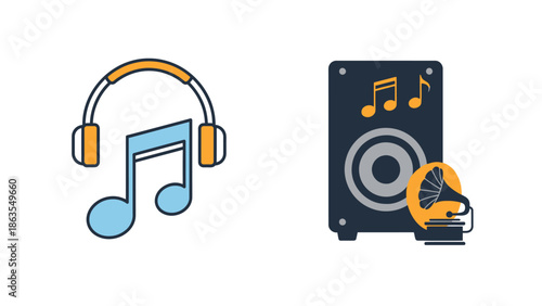 Audio Music Icons Set: Headphones with Musical Note and Speaker with Gramophone for Sound Entertainment & Technology