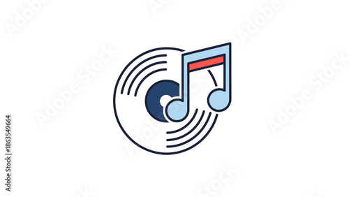 Music Record and Note Icon. Audio Media Symbol. Vinyl Album with Musical Sound Sign. Flat Vector Illustration.