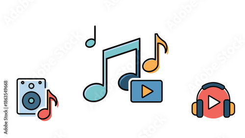 Vibrant set of music, audio, and video player icons. Flat line art illustration featuring speaker, headphones, musical notes, and media playback symbols.