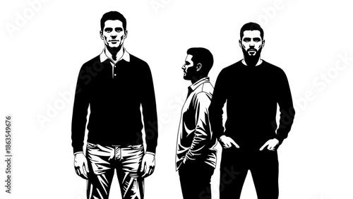 Three men in black shirts and jeans, one shown in profile, in a graphic illustration style.