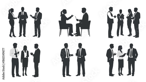 Silhouettes of business people in various meeting and discussion poses, illustrating professional interactions.