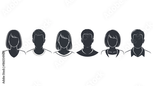 A collection of six diverse silhouette avatars representing different individuals, suitable for user profiles or icons.