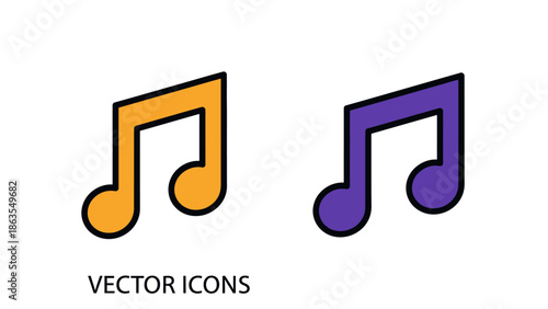 Colorful music note vector icons. Simple orange and purple eighth notes isolated on white. Flat design graphic element for audio, sound, musical concepts.