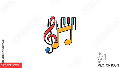 Colorful music icon with treble clef, musical note, sound waves, and stylized piano keys, symbolizing melody, audio, and creativity.