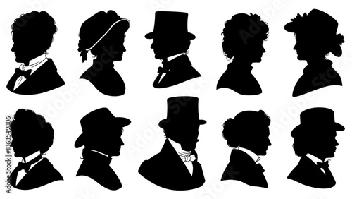 A collection of ten vintage silhouette portraits of men and women in formal attire, showcasing historical fashion and hairstyles.