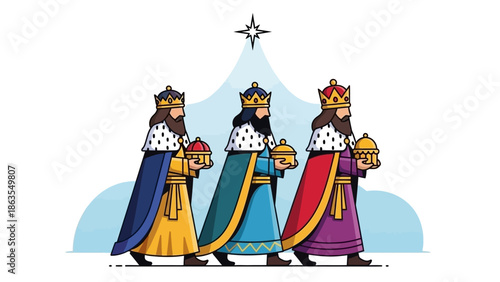 Three Wise Men wearing crowns and robes, carrying gifts, walking towards a star.