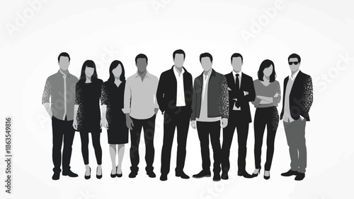 A diverse group of casually dressed men and women stand together in a studio setting against a white background.