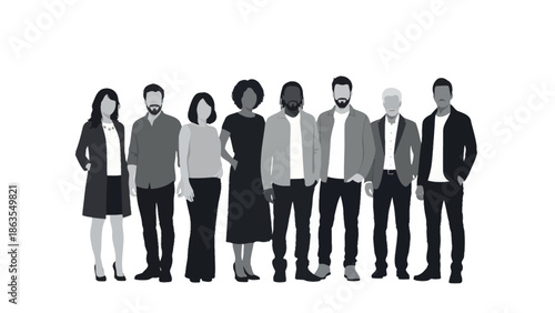 A diverse group of nine men and women stand together in a line, showcasing a variety of ages, ethnicities, and styles.