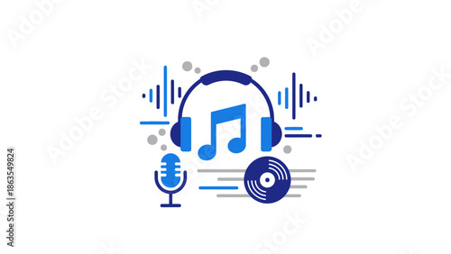 Music & Audio Technology Flat Design Illustration with Headphones, Microphone, Sound Waves, Musical Note, and Vinyl Record