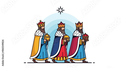 Three Wise Men with Crowns and Gifts Walking Under a Star.