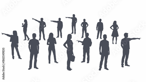 A diverse group of silhouetted individuals pointing in various directions, suggesting action and direction.