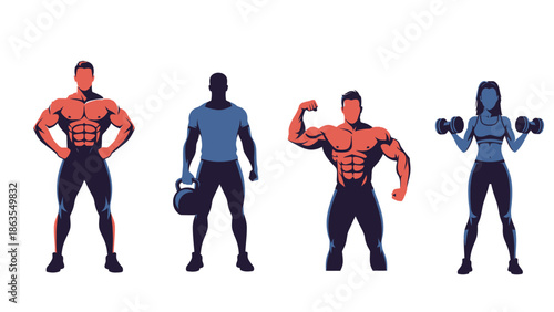Four diverse individuals showcasing their muscular physiques and fitness equipment, representing health and strength.