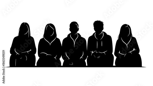 A group of five people are silhouetted against a white background, sitting in a row.