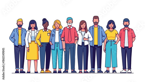 A diverse group of nine cartoon people standing together in a line, showcasing various ages, genders, and ethnicities.