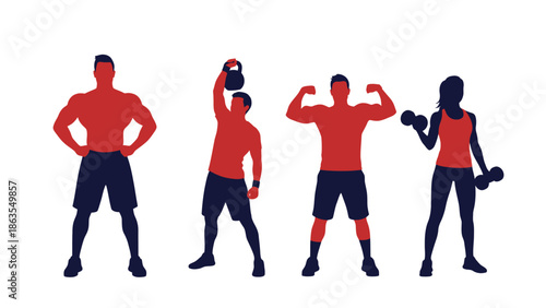 Silhouettes of diverse individuals engaged in various fitness activities, showcasing strength training and exercise.
