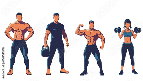 Four muscular individuals, two men and two women, posing with weights and dumbbells in a fitness-themed illustration.