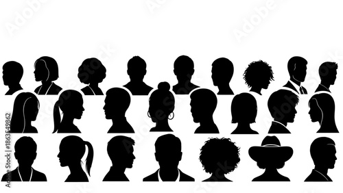A diverse collection of black silhouette profiles of people of various ages and genders, set against a white background.