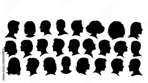 A collection of diverse black silhouettes of human heads and profiles, showcasing various hairstyles and facial features.