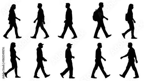 Silhouettes of diverse people walking in profile, showcasing different postures and attire.