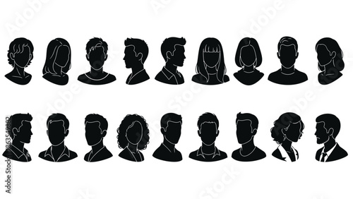 Collection of diverse black silhouettes of male and female heads and shoulders, showcasing various hairstyles and profiles.