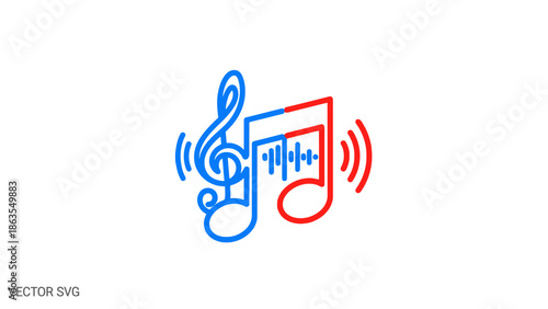 Modern Blue and Red Music Icon with Treble Clef, Musical Note, and Sound Waves. Vector Line Art for Audio & Art Design