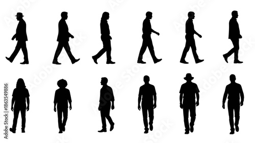 Collection of diverse human silhouettes in various walking and standing poses, showcasing different genders, hairstyles, and attire.