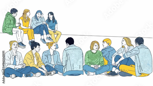 A diverse group of young adults are sitting in a circle and on a raised platform, engaged in conversation and discussion.