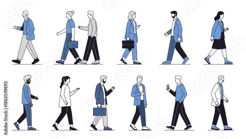 A collection of diverse individuals walking in a stylized, flat design illustration, showcasing various ages and styles.