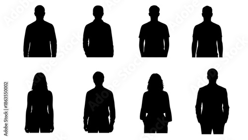 Eight black silhouettes of people standing against a white background, representing diverse body types and genders.