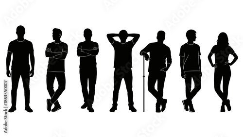 Silhouettes of diverse men and one woman standing in various casual poses against a white background.