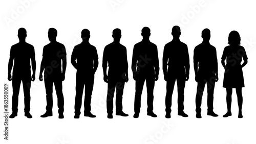 A group of diverse silhouettes of people standing in a line, showcasing different body types and attire.