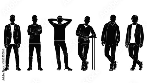Silhouettes of six men in various stylish poses and outfits, showcasing fashion and male modeling.