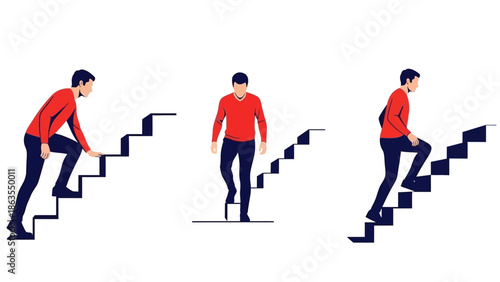 Three illustrations of a man in a red shirt climbing stairs, depicting effort and progress.