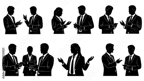 Silhouettes of business people in conversation, gesturing with their hands, in a professional setting.