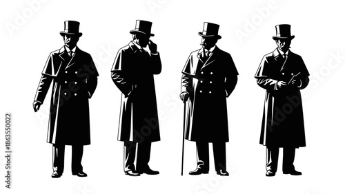 Four Silhouetted Gentlemen in Top Hats and Overcoats Standing in a Row.