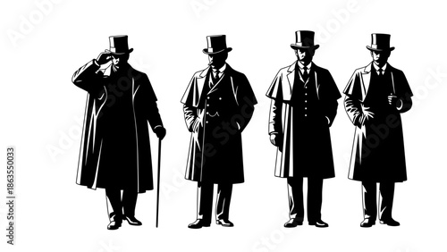 Four silhouetted Victorian gentlemen in top hats and cloaks, standing in a line.