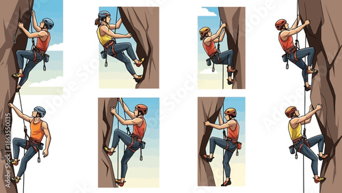 Illustrations depicting various rock climbing techniques and poses on a cliff face.