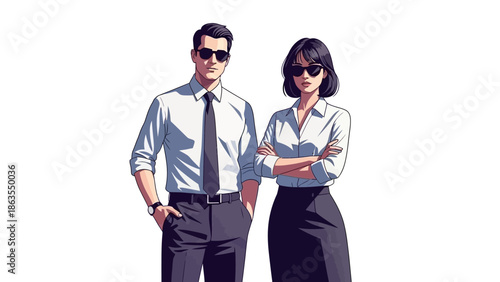 A professional man and woman in business attire stand confidently with their arms crossed.
