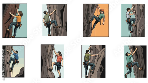 A collection of eight illustrations depicting individuals engaged in the sport of rock climbing on various rock faces.