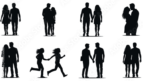 Collection of eight black silhouettes of couples in various romantic poses and activities.
