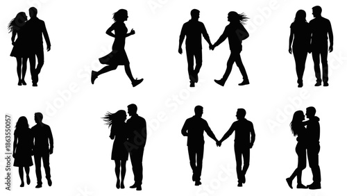 Silhouettes of couples walking and running together, symbolizing relationships and companionship.