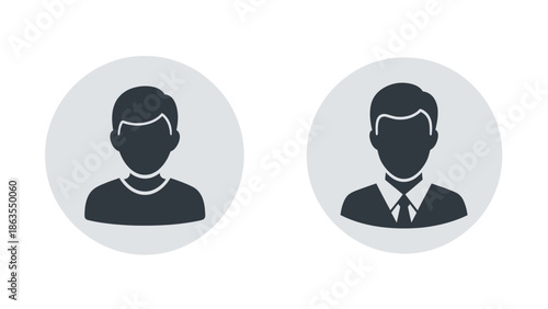 Two silhouette icons of men, one casual and one in a suit, within grey circles against a white background.