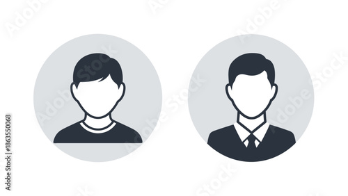 Two simple, clean, circular avatar icons representing male figures, one in casual attire and the other in formal business wear.