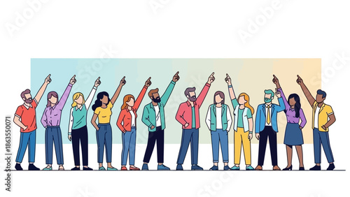 A diverse group of people standing together and pointing upwards with their index fingers, suggesting unity and shared direction.
