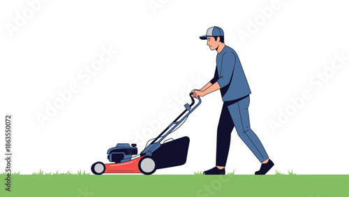 A man in a blue uniform and cap pushes a red lawnmower across a green lawn.