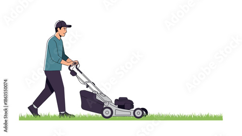 A man wearing a cap and casual clothes is mowing a lawn with a push mower on a sunny day.