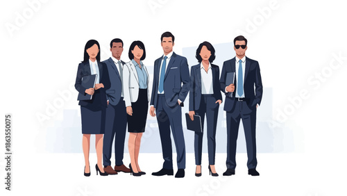 A diverse group of six professionals in business attire standing together in front of a blurred cityscape.