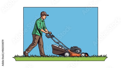 A man wearing a cap and green shirt pushes a lawnmower across a grassy area.